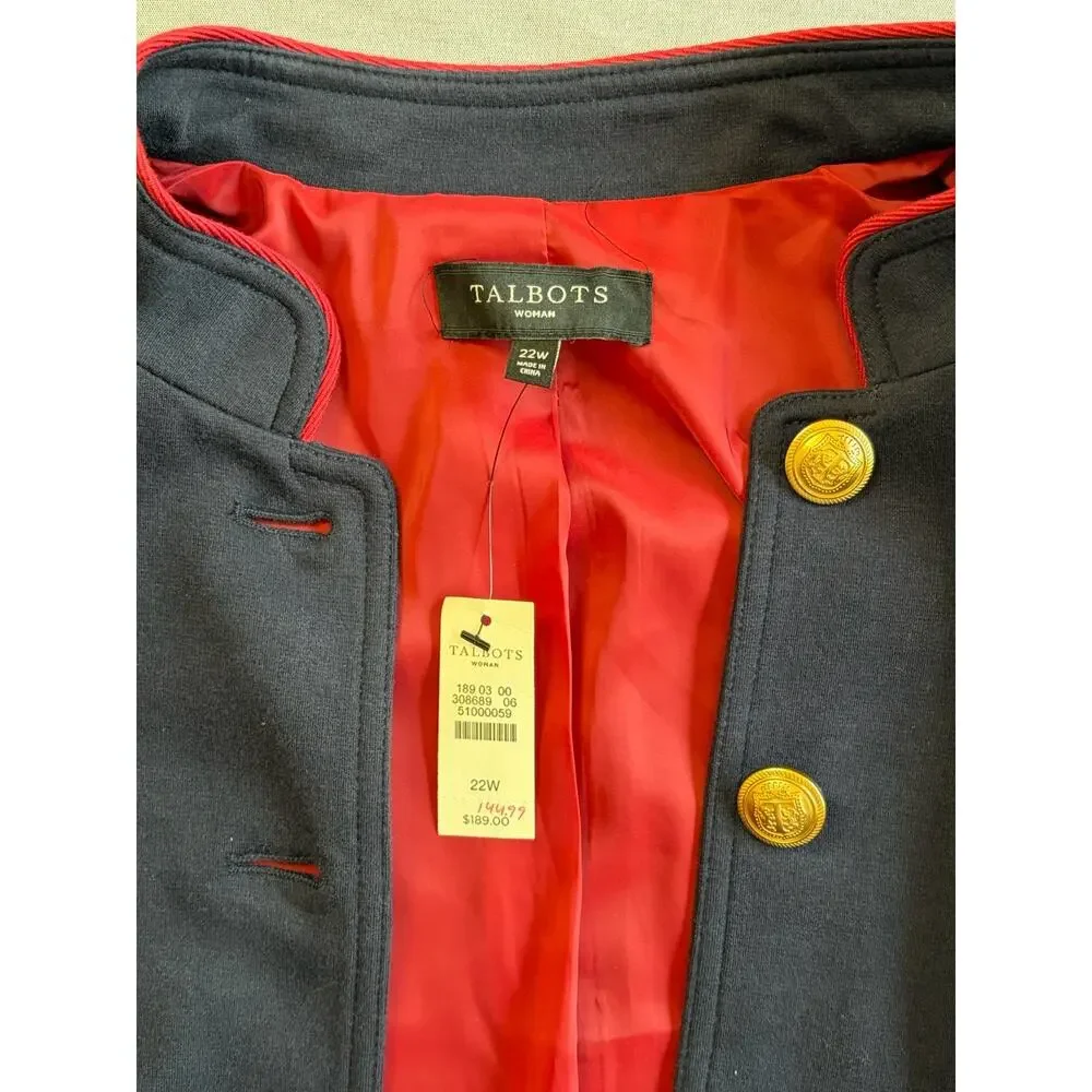 New Talbots Jacket Women's Navy With Gold Button Twill Military Blazer‎ Blue 22W